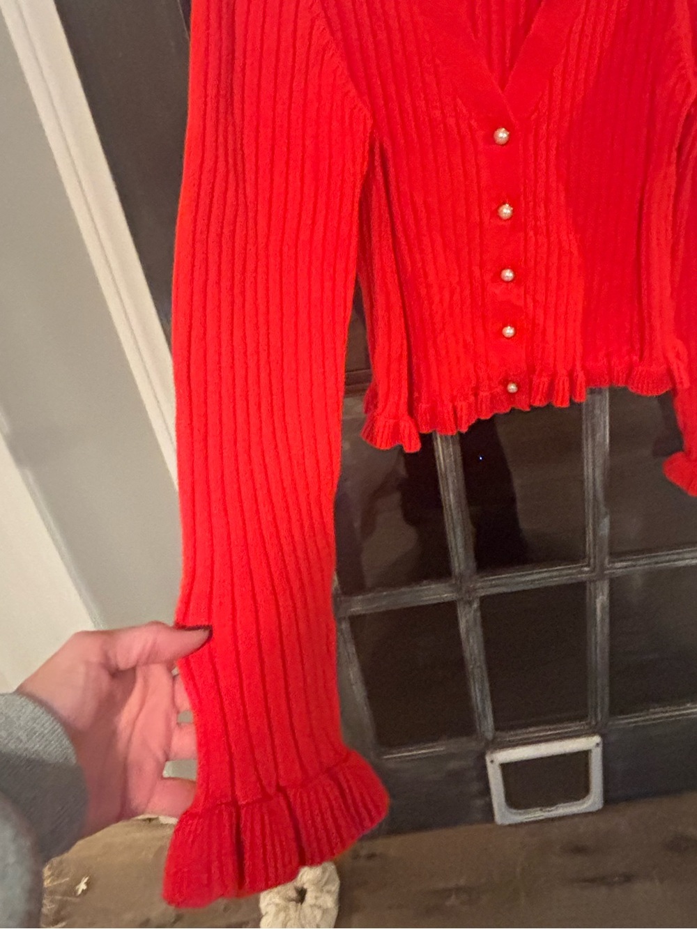 Laundry by Shelli Segal Red Ribbed Pearl Button Ruffle Cardigan - Picture 3 of 10